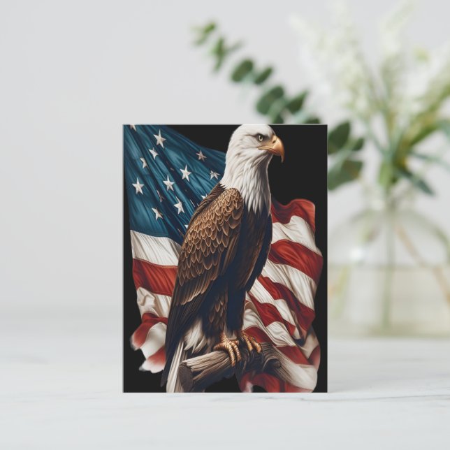 A bald eagle perched on a waving American flag Postcard (Standing Front)