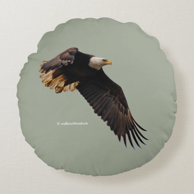 A Bald Eagle Takes to the Sky Round Pillow (Front)