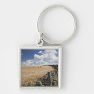A Barbed Wire Fence Built Along A Stone Fence Keychain