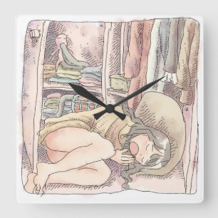 a bare-footed woman lying in front of an open clos square wall clock