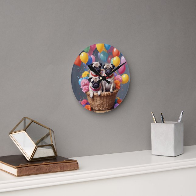A Basket Full of Pugs and Balloons Round Clock (Office)