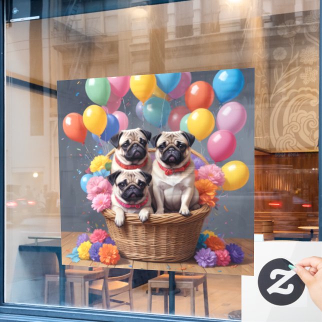 A Basket Full of Pugs and Balloons Window Cling (Cafe Window)
