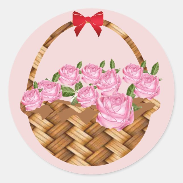 A Basket of Pink Roses Classic Round Sticker (Front)