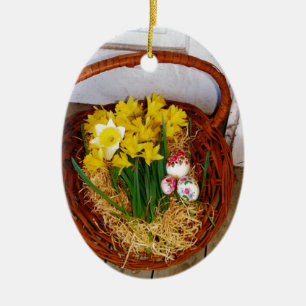 A Basket of Yellow Daffodils and floral Easter Egg Ceramic Ornament