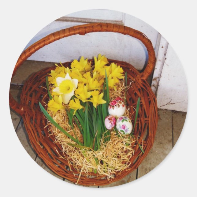 A Basket of Yellow Daffodils and floral Easter Egg Classic Round Sticker (Front)