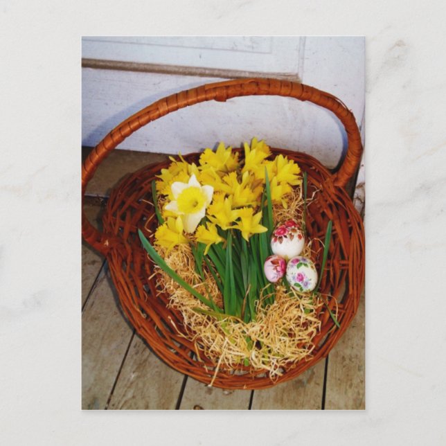 A Basket of Yellow Daffodils and floral Easter Egg Holiday Postcard (Front)