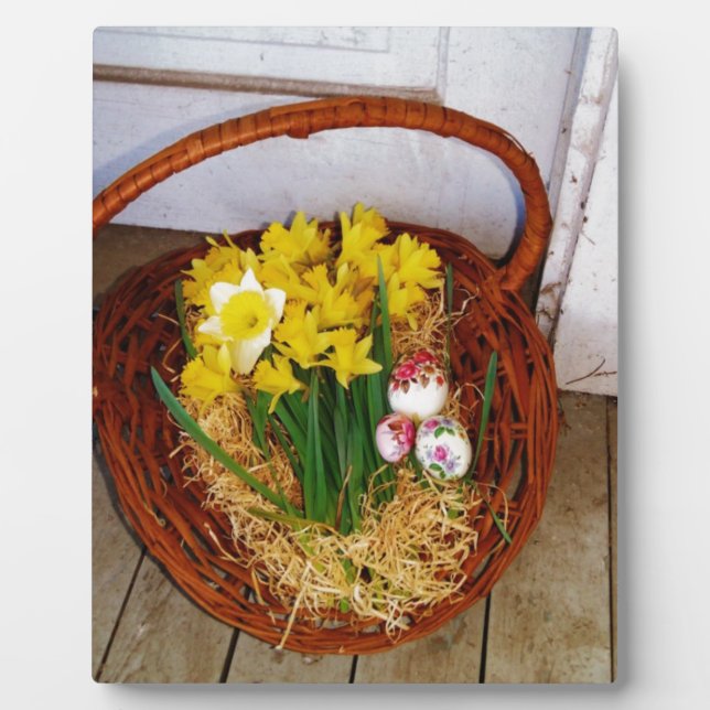 A Basket of Yellow Daffodils and floral Easter Egg Plaque (Front)