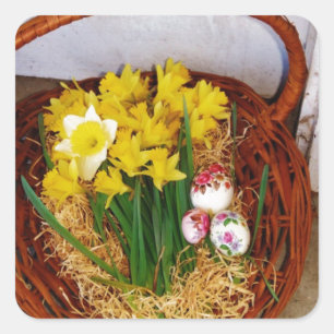A Basket of Yellow Daffodils and floral Easter Egg Square Sticker
