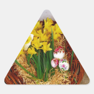 A Basket of Yellow Daffodils and floral Easter Egg Triangle Sticker