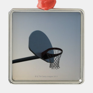 A basketball backboard hoop and net. Clear blue Metal Ornament