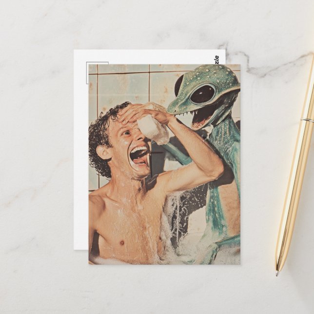 A Bathing Shock Alien Shows Up While in Bathtub Postcard (Front/Back In Situ)