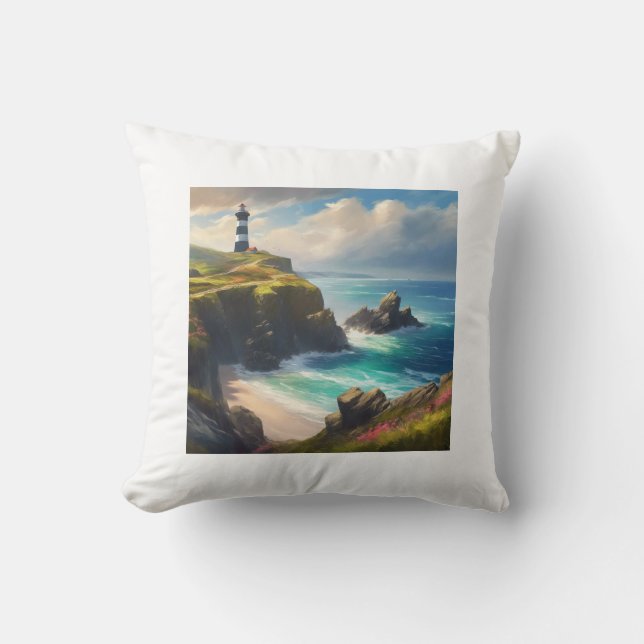 A beach with lighthouse throw pillow (Front)