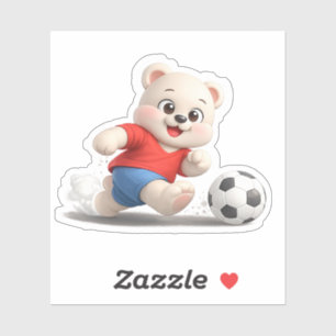 A bear character playing soccer.