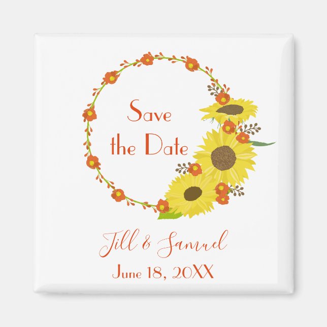 A beautiful and lovely sunflower save the date magnet (Front)