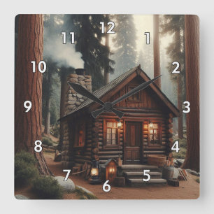 A Beautiful Antique Log Cabin in the Woods Square Wall Clock