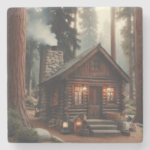 A Beautiful Antique Log Cabin in the Woods Stone Coaster