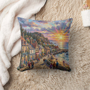 A Beautiful Beach Village Boardwalk at Sunset Throw Pillow