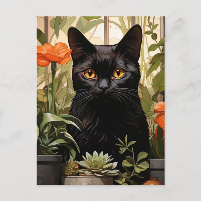 A beautiful black cat succulents and flowers postcard (Front)