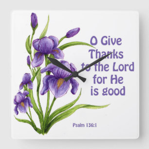 A beautiful bouquet of Iris flowers with scripture Square Wall Clock