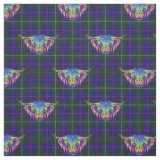 A beautiful colourful highland cow on tartan. fabric