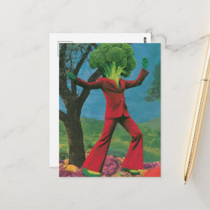 A beautiful colourful retro dancing broccoli postcard
