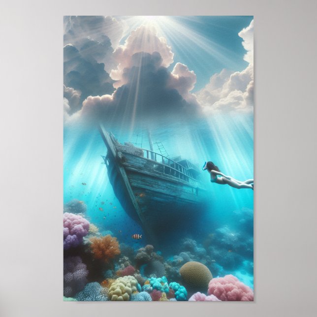 A beautiful diver finds a ship wrecked in the reef poster (Front)