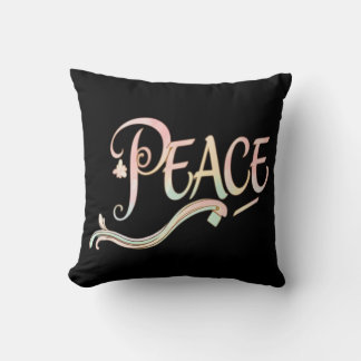 A beautiful, flowing script of the word "Peace" fe Throw Pillow