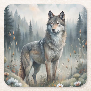 A Beautiful Forest Wolf Square Paper Coaster