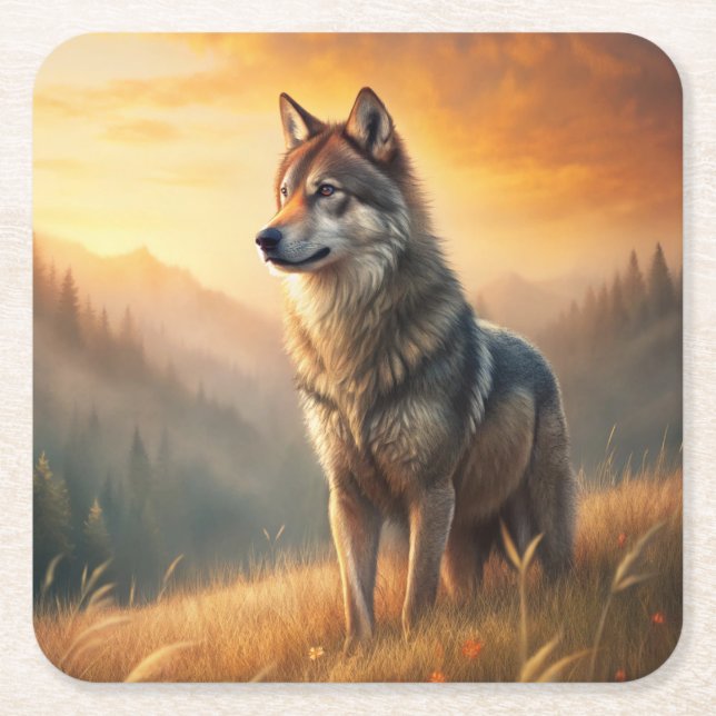 A Beautiful Forest Wolf Square Paper Coaster (Front)