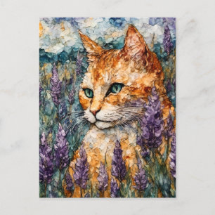 A beautiful ginger cat in a lavender field  postcard
