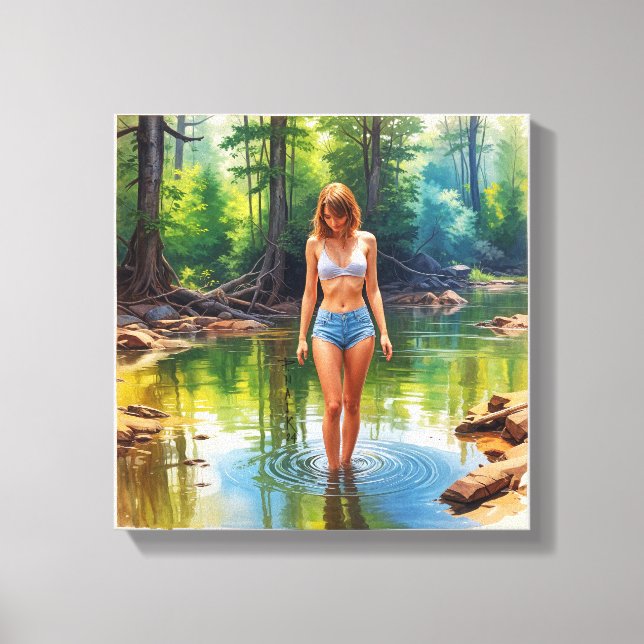 A Beautiful Girl in pond oil colour Painting Canvas Print (Front)