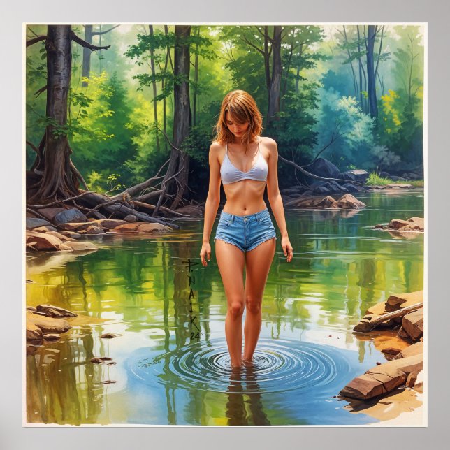 A Beautiful Girl in pond oil colour Painting Poster (Front)