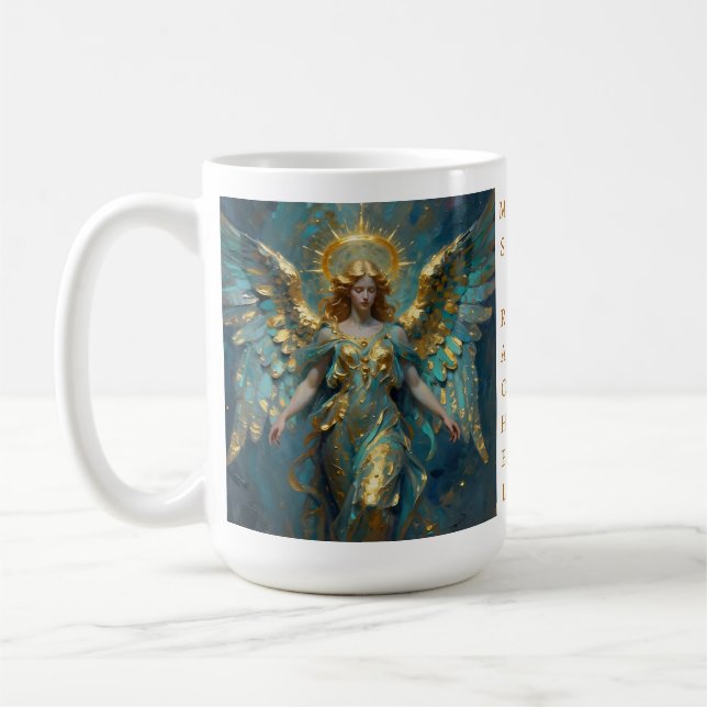 A Beautiful Gold and Turquoise Angel Personalized Coffee Mug (Left)