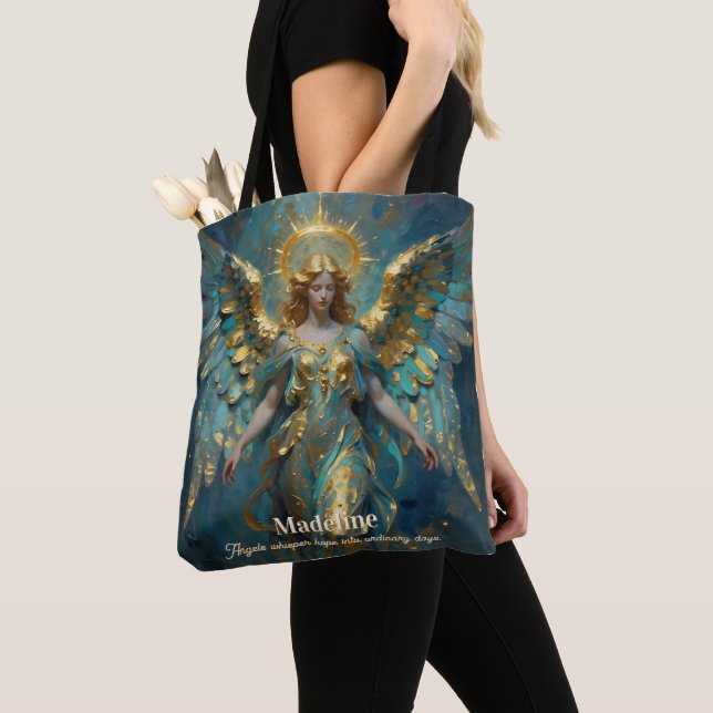 A Beautiful Gold and Turquoise Angel Personalized Tote Bag (Close Up)