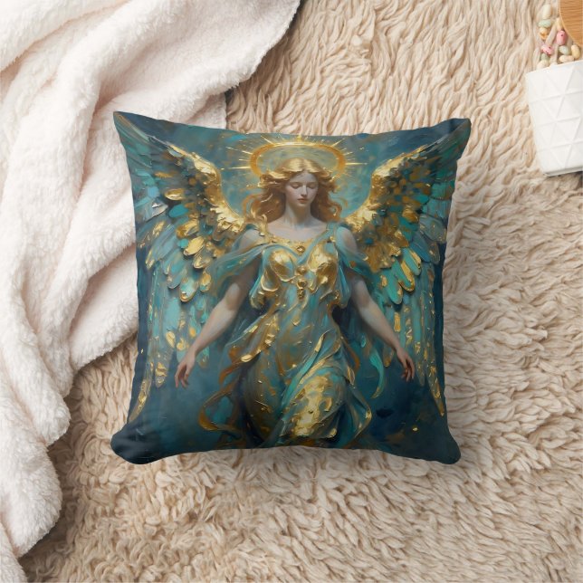 A Beautiful Gold and Turquoise Angel  Throw Pillow (Blanket)
