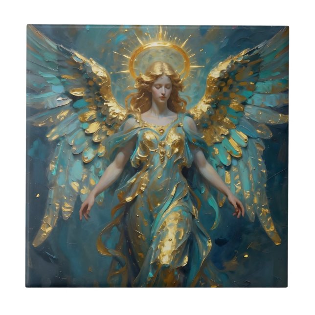 A Beautiful Gold and Turquoise Angel  Tile (Front)