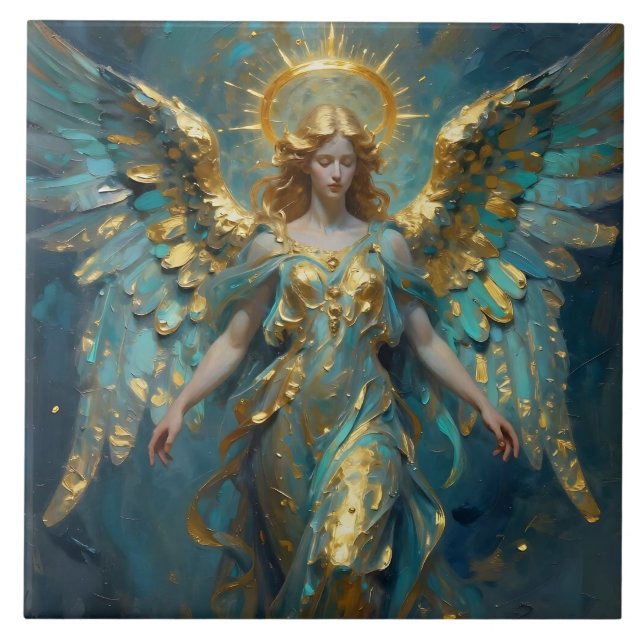 A Beautiful Gold and Turquoise Angel  Tile (Front)