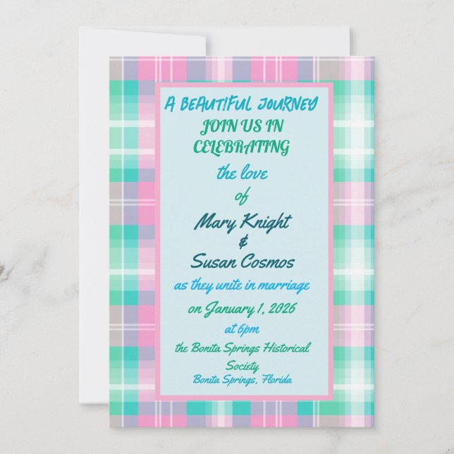a beautiful journey in cotton candy plaid lesbian invitation (Front)