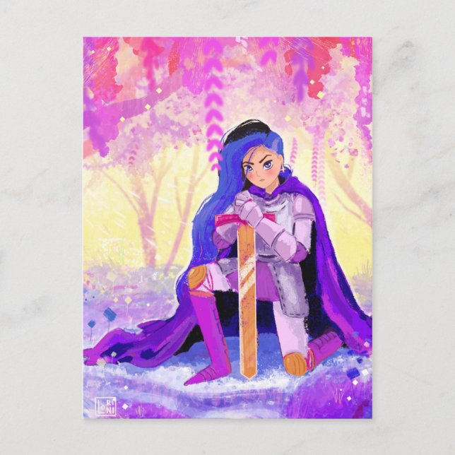 A beautiful lady knight with blue hair postcard (Front)
