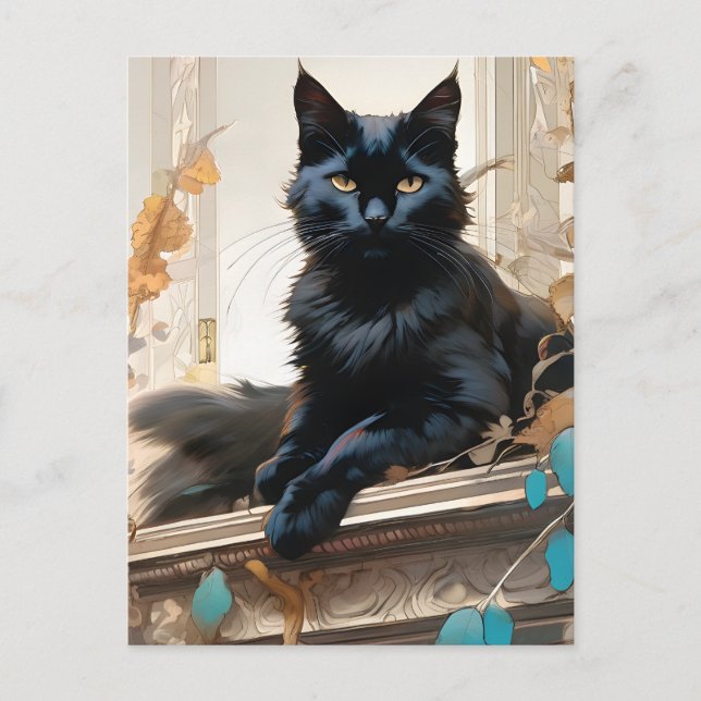 A beautiful longhaired black cat postcard (Front)