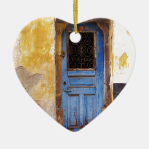 A beautiful rustic old blue door in CRETE, Greece Ceramic Ornament