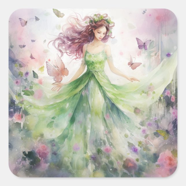 A Beautiful Spring Fairy Square Sticker (Front)