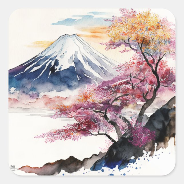 A beautiful watercolor of Mount Fuji Square Sticker (Front)