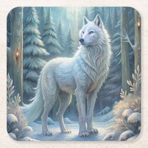 A Beautiful White Wolf Square Paper Coaster