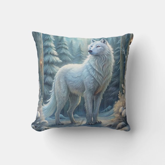 A Beautiful White Wolf Throw Pillow (Front)