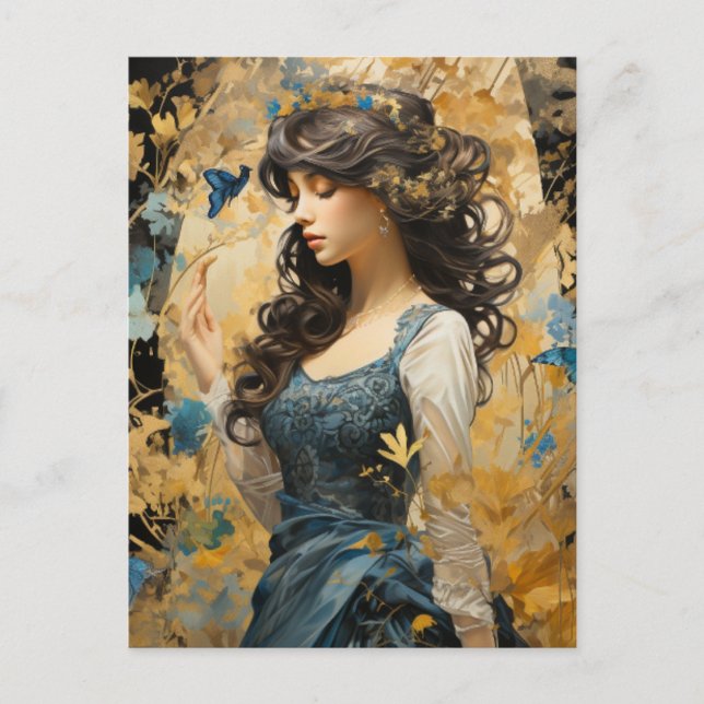 A beautiful Woman long hair blue butterfly collage Postcard (Front)