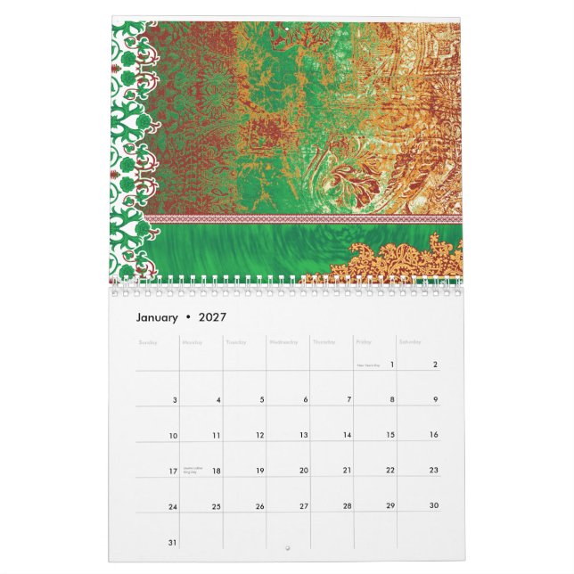 A beautifully designed Indian scarf in green and o Calendar (Jan 2027)