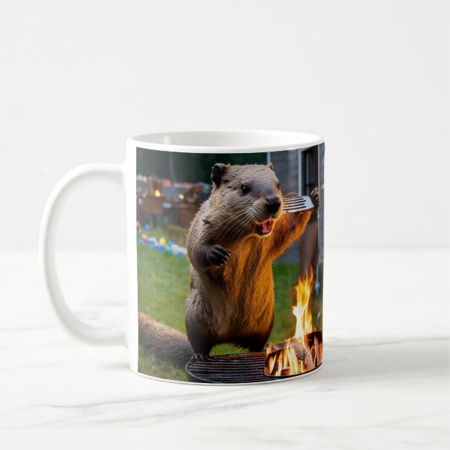 A beaver acting like a roofer behind a grill enjoy coffee mug (Left)