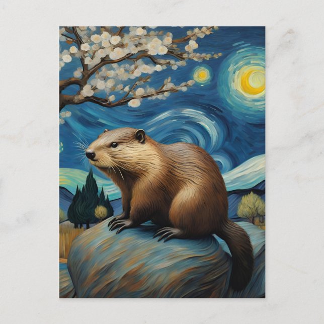 A Beaver in The Starry Night Spring Postcard (Front)