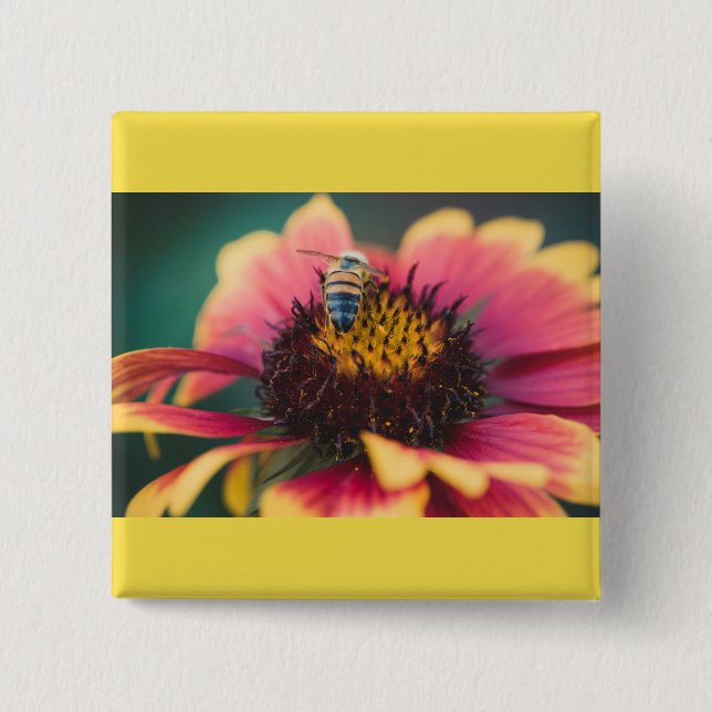A bee on a flower 2 inch square button (Front)